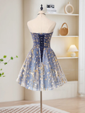 Retro Blue Sequin Strapless Design A-line Tulle Party Dress Homecoming Dress HZ0319