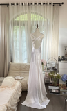 Retro White V-neck Spaghetti Strap Design Elegant Satin Evening Dress Prom Dress HZ0319