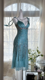 Elegant Blue Sparkling Beaded Spaghetti Strap V-neck Romantic Chiffon Evening Dress Prom Dresses HZ0319
