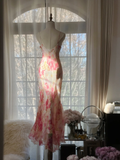 Sexy Pink Straps Mermaid Chiffon Long Party Dress Wedding Guest Dress, HZ0319
