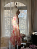Sexy Pink Straps Mermaid Chiffon Long Party Dress Wedding Guest Dress, HZ0319
