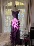 Purple Strapless A-Line Ruffles Long Prom Dress Vintage Evening Party Dress, HZ0319