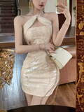Fashion Champagne Sequin Design A-line Party Halter Dress Homecoming Dress, HZ0319