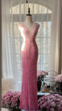 Pink Ombre V Neck Mermaid Beading Long Prom Dress Vintage Party Dress, HZ0319