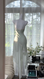 Vintage Mint Green Irregular Lace Hem Spaghetti Strap Design Chiffon Prom Dress Evening Dress HZ0319