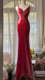 Stunning Red Straps Mermaid Chiffon Beading Vintage Long Evening Party Dress, HZ0319