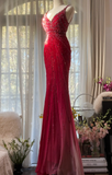Stunning Red Straps Mermaid Chiffon Beading Vintage Long Evening Party Dress, HZ0319
