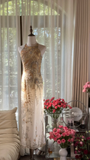 Retro Golden Sparkling Beaded Halter Dress Elegant Chiffon Evening Dress Prom Dresses HZ0319