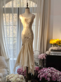 Vintage Ivory Spaghetti Straps Mermaid Beading Long Party Dress Evening Dress, HZ0319