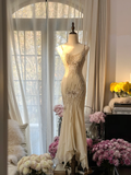 Vintage Ivory Spaghetti Straps Mermaid Beading Long Party Dress Evening Dress, HZ0319