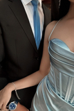 Pretty Blue Straps Sheath Satin Long Party Dress Bridesmaid Dress Evening Dress, HZ0319