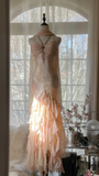Fairy Pink Spaghetti Straps Mermaid Beaded Long Evening Dresses Birthday Outfits, HZ0319