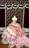 Retro Pink Strapless A-Line Tulle Quinceanera Dresses Evening Ball Gowns, HZ0319