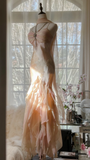 Fairy Pink Spaghetti Straps Mermaid Beaded Long Evening Dresses Birthday Outfits, HZ0319