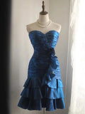 Retro Blue Beading Design A-line Satin Strapless Sweetheart Tiered Party Dresses Homecoming Dresses, HZ0319