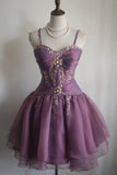 Retro Purple Beading Design A-line Tulle Spaghetti Strap Party Dresses Homecoming Dresses, HZ0319