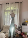 Retro Light Green Sparkling Beaded Spaghetti Strap Design Elegant Chiffon Evening Dress Prom Dress HZ0319