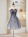 Retro Blue Sequin Strapless Design A-line Tulle Party Dress Homecoming Dress HZ0319