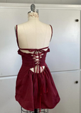 Vintage Burgundy Spaghetti Strap A-line Lace-up Short Party Dresses Homecoming Dresses, HZ0319