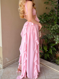 Sexy Pink A-Line Backless Ruffles Long Party Dress Wedding Guest Dress, HZ0319