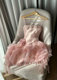 Cute Pink Spaghetti Strap 3D Flower Ruffle Design A-line Chiffon Satin Party Dress Homecoming Dress HZ0319