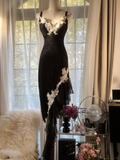 Black Straps Mermaid Lace Asymmetric Long Party Dress Vintage Evening Dress, HZ0319