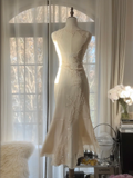 Elegant Sleeveless Ivory Mermaid Chiffon Ankle Length Vintage Party Dress, HZ0319
