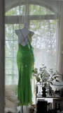 Vintage Shiny Sequin Green Spaghetti Strap Design A-line Romantic Chiffon Evening Dress Prom Dress HZ0319