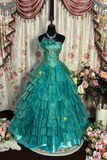 Retro Green Strapless A-Line Chiffon Tiered Long Prom Dress Birthday Ball Gown, HZ0319