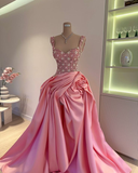 Pink Straps A-Line Satin Beading Long Prom Dress Evening Gown Birthday Dress, HZ0319