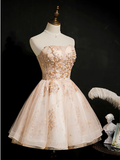 Vintage Champagne Applique Beaded Strapless Design A-line Tulle Party Dress Homecoming Dress HZ0319