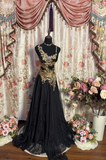 Black Straps A-Line Chiffon Appliques Vintage Long Party Dresses Evening Gowns, HZ0319