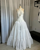 White Halter Neck A-Line Lace Vintage Wedding Dress Long Party Dresses, HZ0319