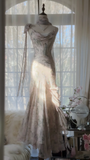 Light Pink Straps Mermaid Beaded Long Evening Dresses Birthday Outfits, HZ0319