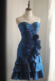 Retro Blue Beading Design A-line Satin Strapless Sweetheart Tiered Party Dresses Homecoming Dresses, HZ0319