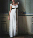 Retro White A-Line Lace Satin Long Formal Party Dress Wedding Dress Bridal Dress, HZ0319