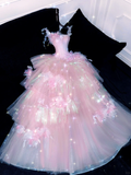 Sparkling Elegant Pink A-Line Tiered Prom Dress Evening Dress Ball Gown HZ0319