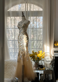 Elegant Mermaid Golden Sparkling Strapless Elegant Beaded Shinny Chiffon Evening Dress Prom Dress HZ0319