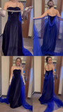 Navy Blue Strapless A-Line Satin Long Evening Party Dresses Birthday Outfits, HZ0319