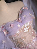 Vintage Light Purple Applique Floral Beaded Off-the-shoulder Design A-line Tulle Party Dress Homecoming Dress HZ0319