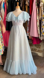 Light Blue A-Line Chiffon Ruffles Long Party Dress Retro Birthday Dress, HZ0319