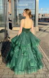 Green Spaghetti Straps A-Line Long Formal Prom Dress Evening Ball Gown, HZ0319