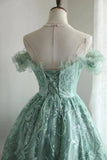 Vintage Green Appliqued Design A-line Off-the-shoulder Party Dresses Homecoming Dresses, HZ0319