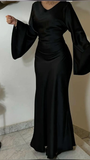 Modest Black Long Sleeves Mermaid Satin Long Prom Dress Evening Party Dress, HZ0319