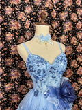 Retro Blue Floral Applique A-Line Elegant Chiffon Tiered Homecoming Dress Evening Dress Prom Dresses HZ0319