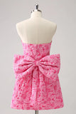 Vintage Rose Pink Bow Design A-line Floral Sleeveless Strapless Homecoming Dress, HZ0319