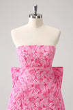 Vintage Rose Pink Bow Design A-line Floral Sleeveless Strapless Homecoming Dress, HZ0319