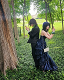 Dark Navy Sweetheart A-Line Lace Tiered Long Party Dress Senior Prom Dress, HZ0319