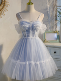 Vintage Light Blue Applique Sweetheart Spaghetti Strap Design A-line Tulle Party Dress Homecoming Dress HZ0319