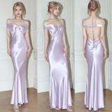 Elegant Lilac Off Shoulder Mermaid Satin Long Party Dress Bridesmaid Dress, HZ0319